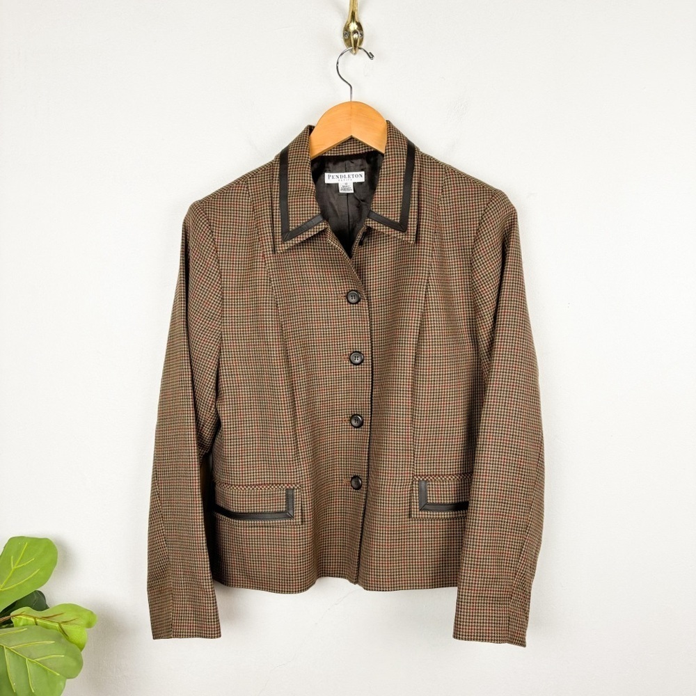 Pendleton Brown Houndstooth Plaid Virgin Wool Leather Trim Blazer Sz 12